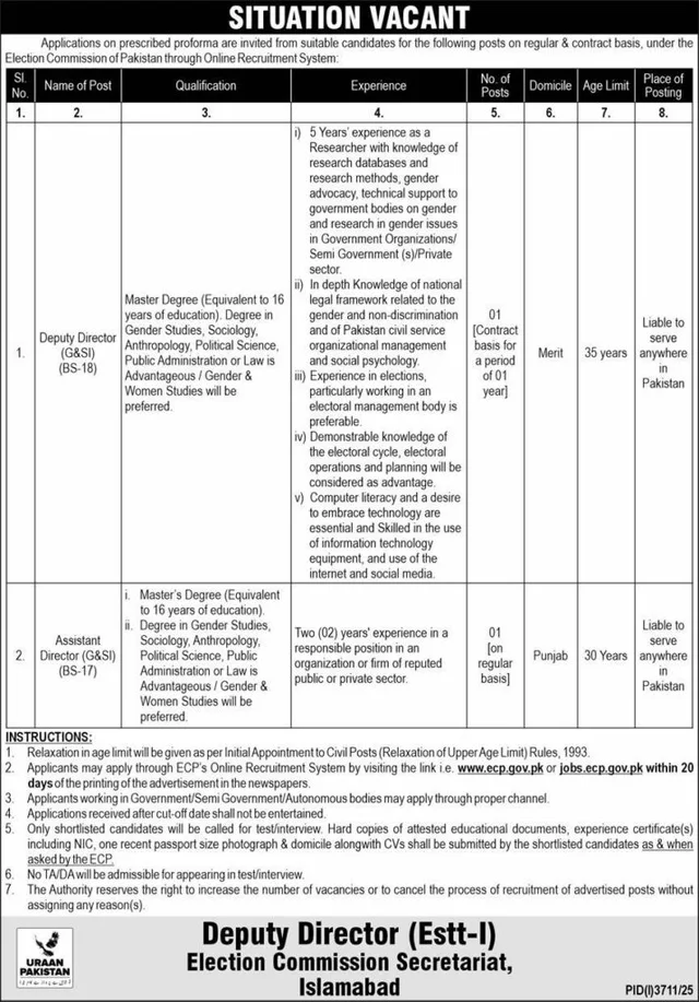 Election Commission of Pakistan Jobs 2025 — Assistant Director (G&SI) BS-17