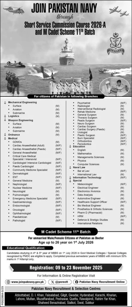 Join Pakistan Navy 2026-A Short Service Commission & M Cadet Scheme 11th Batch