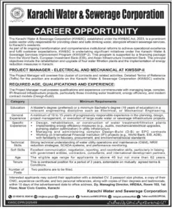 Manager Electrical and Mechanical Job in Karachi Water and Sewerage Corporation