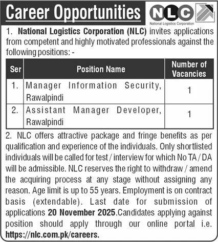 Manager Information Security Jobs 2025 at National Logistics Corporation (NLC)