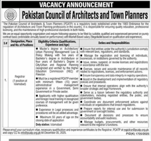 Registrar Pakistan Council of Architects and Town Planners Jobs 2025 Islamabad