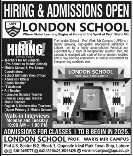 Teacher Jobs at London School Prof. Waris Mir Campus