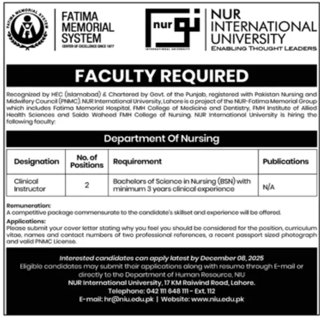 Clinical Instructor Jobs at NUR International University Lahore