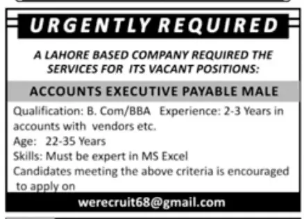 Accounts Executive Payable Jobs in Lahore