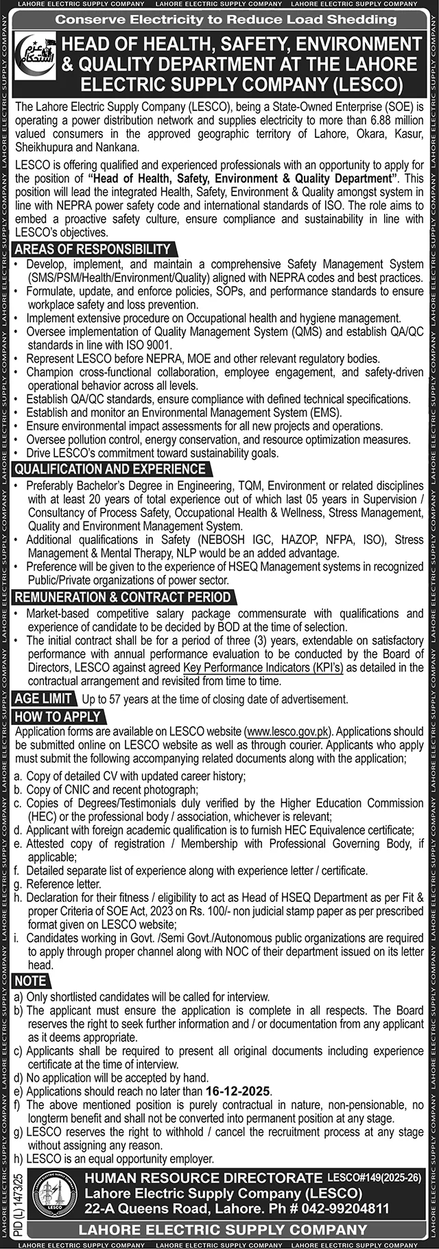LESCO Head of Health Safety Environment Quality Jobs 2025