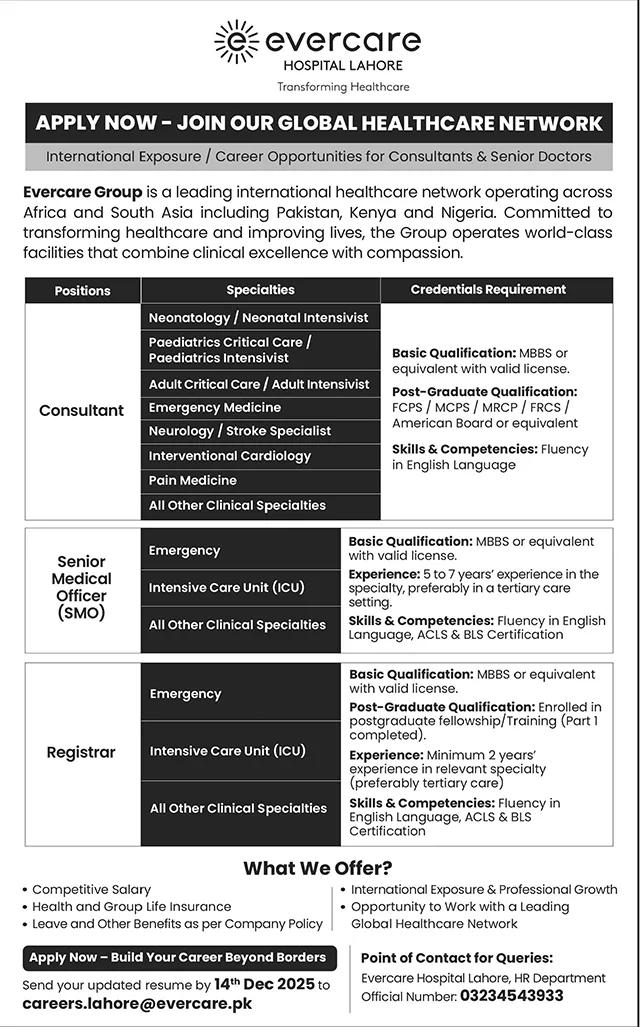 Registrar Jobs at Evercare Hospital Lahore