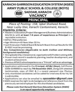 Principal Job at Army Public School Saddar Karachi