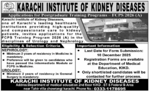 FCPS Postgraduate Training Program 2026 (A) at Karachi Institute of Kidney Diseases