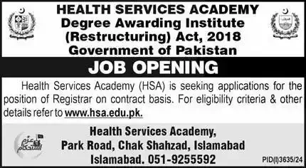 Latest Jobs: Registrar Jobs at Health Services Academy Islamabad 2025