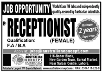 Receptionist Female Jobs in Lahore at Australian Concept IVF Clinics