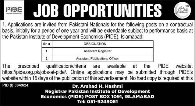 Assistant Registrar Jobs at Pakistan Institute of Development Economics Islamabad