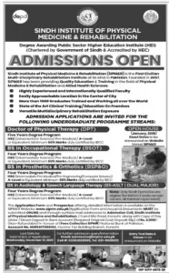 Admissions Open at Sindh Institute of Physical Medicine & Rehabilitation SIPM&R 2026