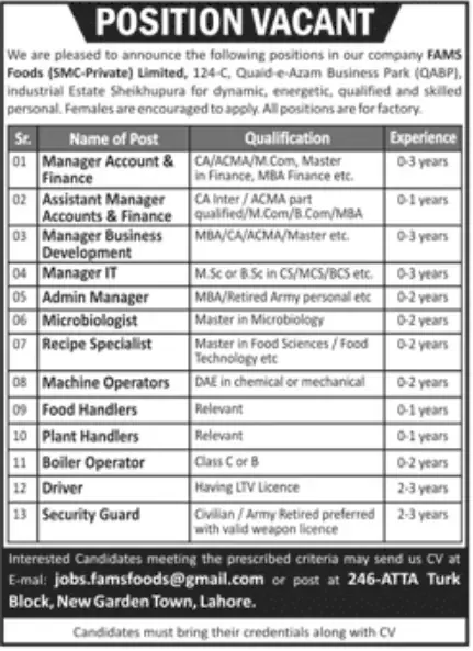 Boiler Operator Jobs at FAMS Foods (SMC-Private) Limited