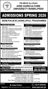 Admissions Open Spring 2026 at Pir Mehr Ali Shah Arid Agriculture University Rawalpindi