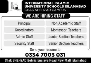 Montessori Teachers Jobs 2025 at IUI Islamabad