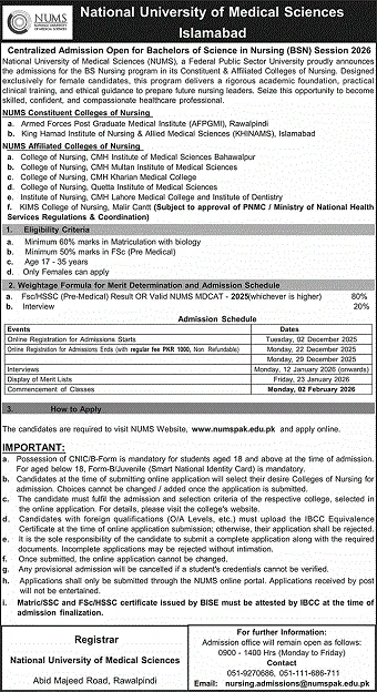 Admission Open for BS Nursing Session 2026 at NUMS Islamabad