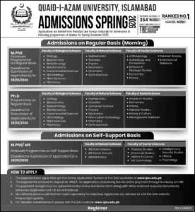 Admission Open 2026 at Quaid-i-Azam University Islamabad