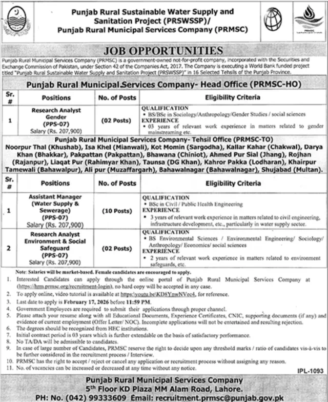 Research Analyst (Gender) Jobs at Punjab Rural Municipal Services Company PRMSC Lahore