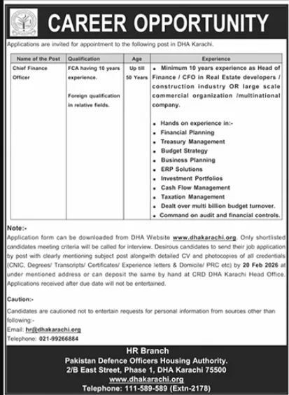 Chief Finance Officer Job in DHA Karachi