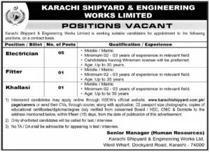 Electrician Jobs at Karachi Shipyard Engineering Works Limited Karachi