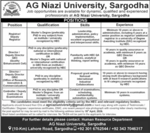 Registrar Jobs at AG Niazi University Sargodha