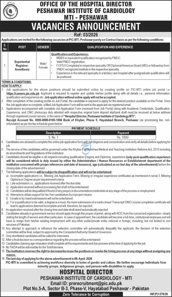 Experiential Registrar Anesthesia Jobs in Peshawar Institute of Cardiology MTI