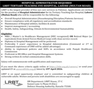 Hospital Administrator Job in Lahore at LRBT Eye Hospital