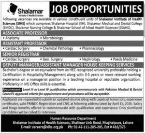 Associate Professor Jobs in Lahore at Shalamar Institute of Health Sciences