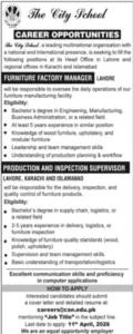 Furniture Factory Manager Jobs 2026 at The City School Lahore