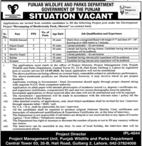 Driver Jobs in Punjab Wildlife and Parks Department Lahore