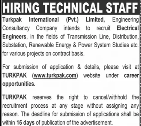 Electrical Engineers Jobs 2026 at Turkpak International Pvt Ltd