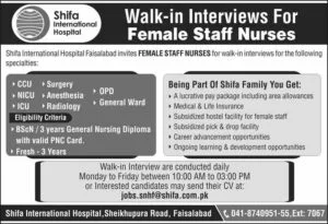Female Staff Nurses Jobs in Faisalabad