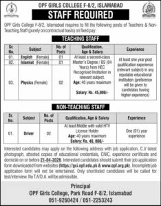 OPF Girls College F-8/2 Islamabad Jobs 2026