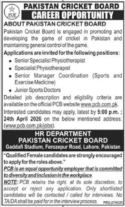 Pakistan Cricket Board PCB Jobs 2026 Apply Online for Physiotherapist and Sports Roles