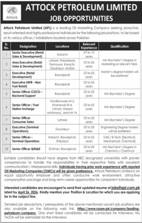 Senior Officer QMS&E Job at Attock Petroleum Limited