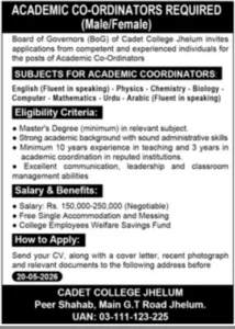 Academic Coordinator Jobs in Cadet College Jhelum 2026 for Multiple Subjects