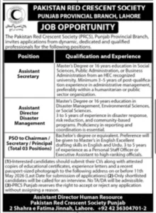 Assistant Secretary Jobs 2026 at Pakistan Red Crescent Society Punjab Lahore