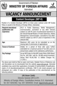 Content Developer Jobs in Ministry of Foreign Affairs Islamabad