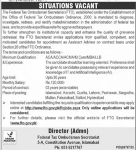 Federal Tax Ombudsman Secretariat Jobs 2026 for Assistant Advisor Apply Online
