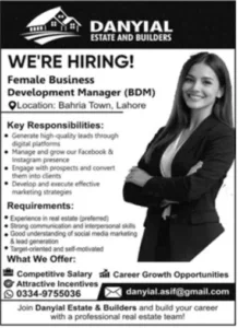 Female Business Development Manager Jobs in Lahore 2026 at Daniyal Estate and Builders