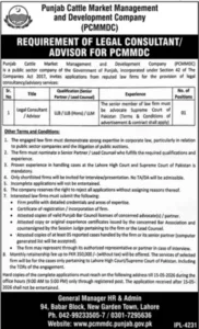 Legal Consultant Advisor Jobs 2026 in Punjab Cattle Market Management and Development Company