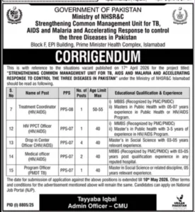 Treatment Coordinator HIV AIDS Jobs 2026 in Ministry of NHSR&C Islamabad