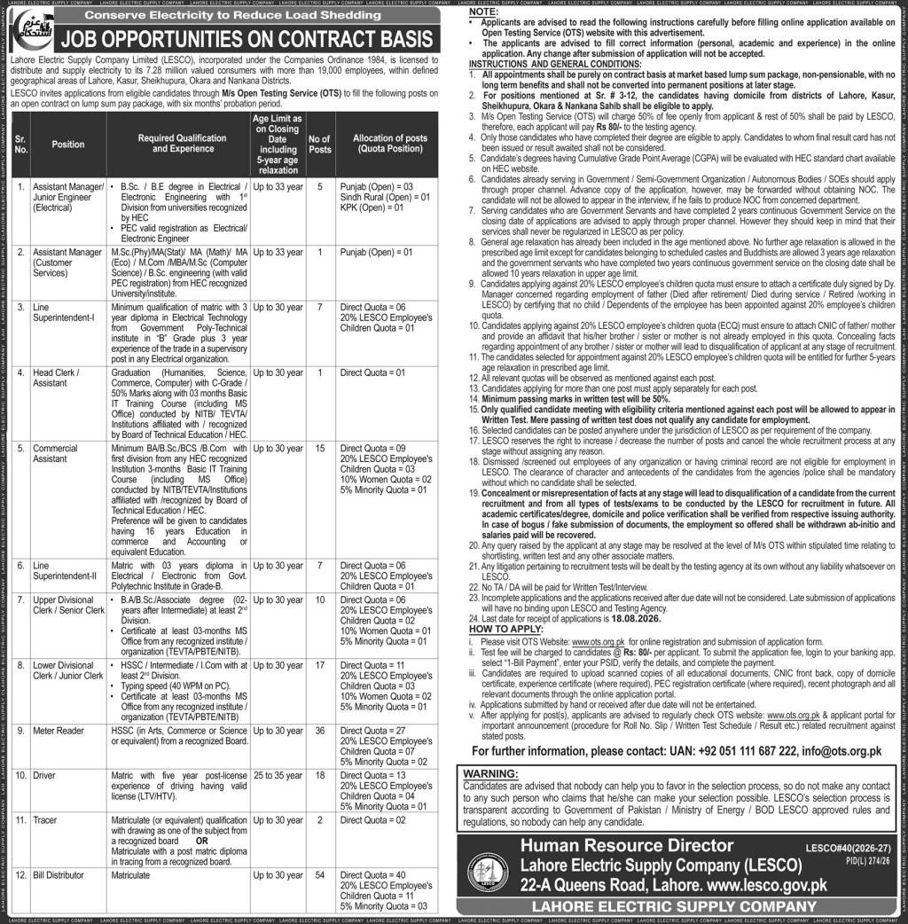 LESCO Junior Clerk Jobs – Apply Online via OTS