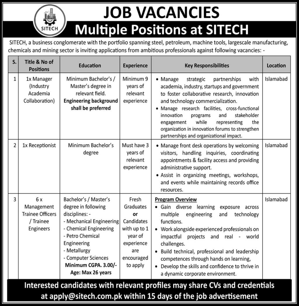 SITECH Receptionist Job in Islamabad 2026 – Apply by 25 August