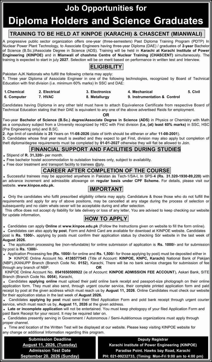 PAEC Atomic Energy Jobs 2026 for DAE, BSc and ADS Candidates – KINPOE Training Program